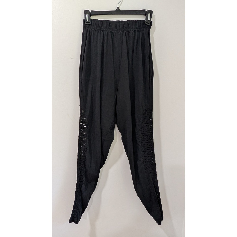 Vintage Cristina Black Cotton Crochet Lace Side Panel Pants Made in Greece M